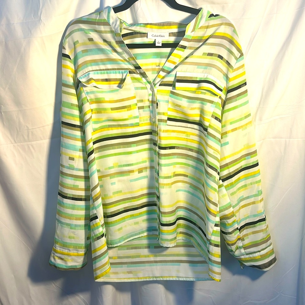 Calvin Klein Blue and Yellow Striped Button Front Long Sleeve Blouse Size Medium